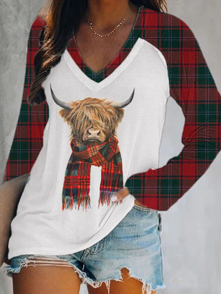 Western Style Highland Cow Printed V-Neck Long Sleeve T-Shirt