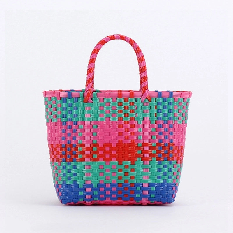 Women's Large Plastic Color Block Beach Classic Style Open Straw Bag