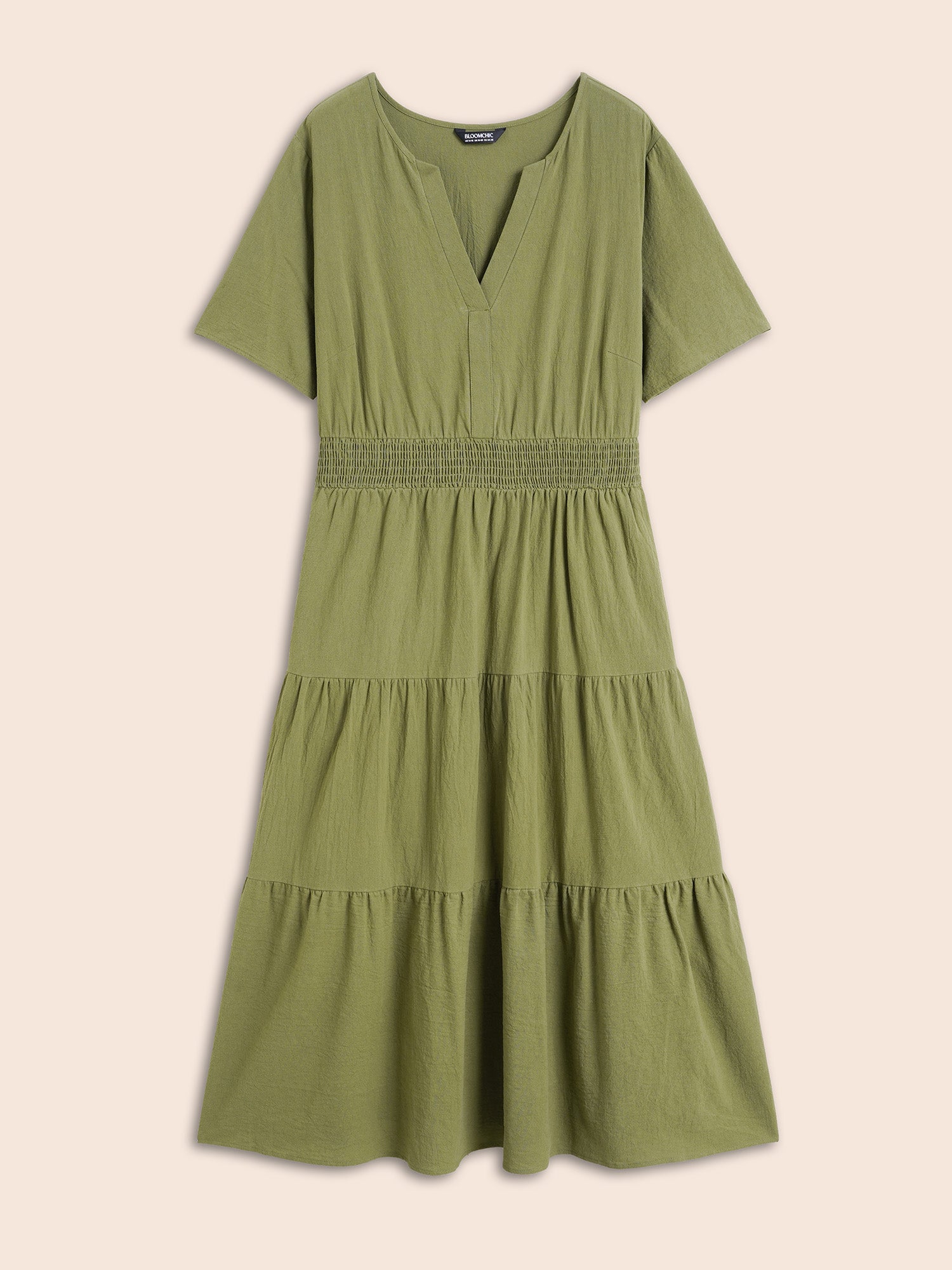 Notched Shirred Ruffle Layered Hem Dress