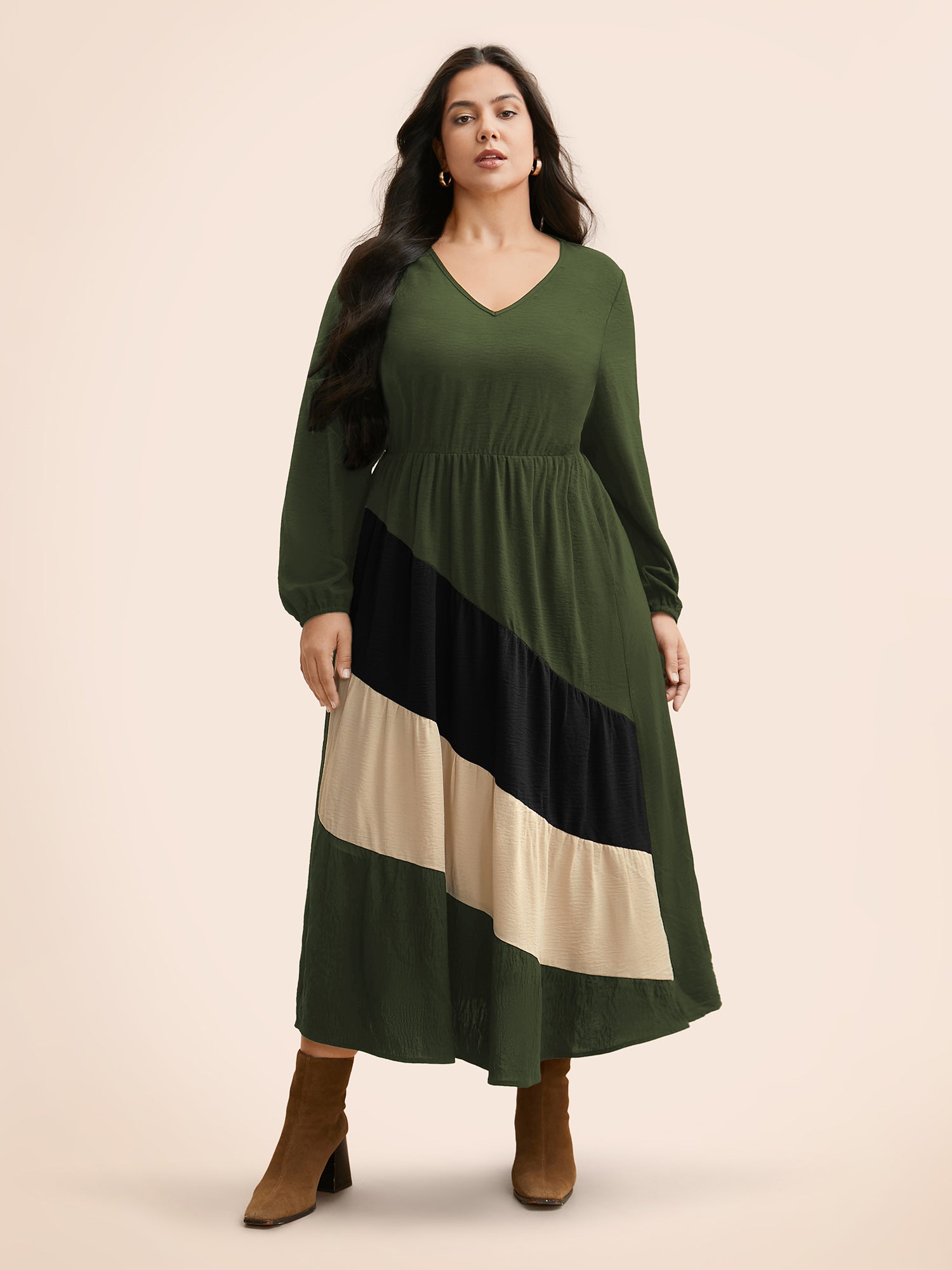 Colorblock Contrast Gathered Lantern Sleeve Dress