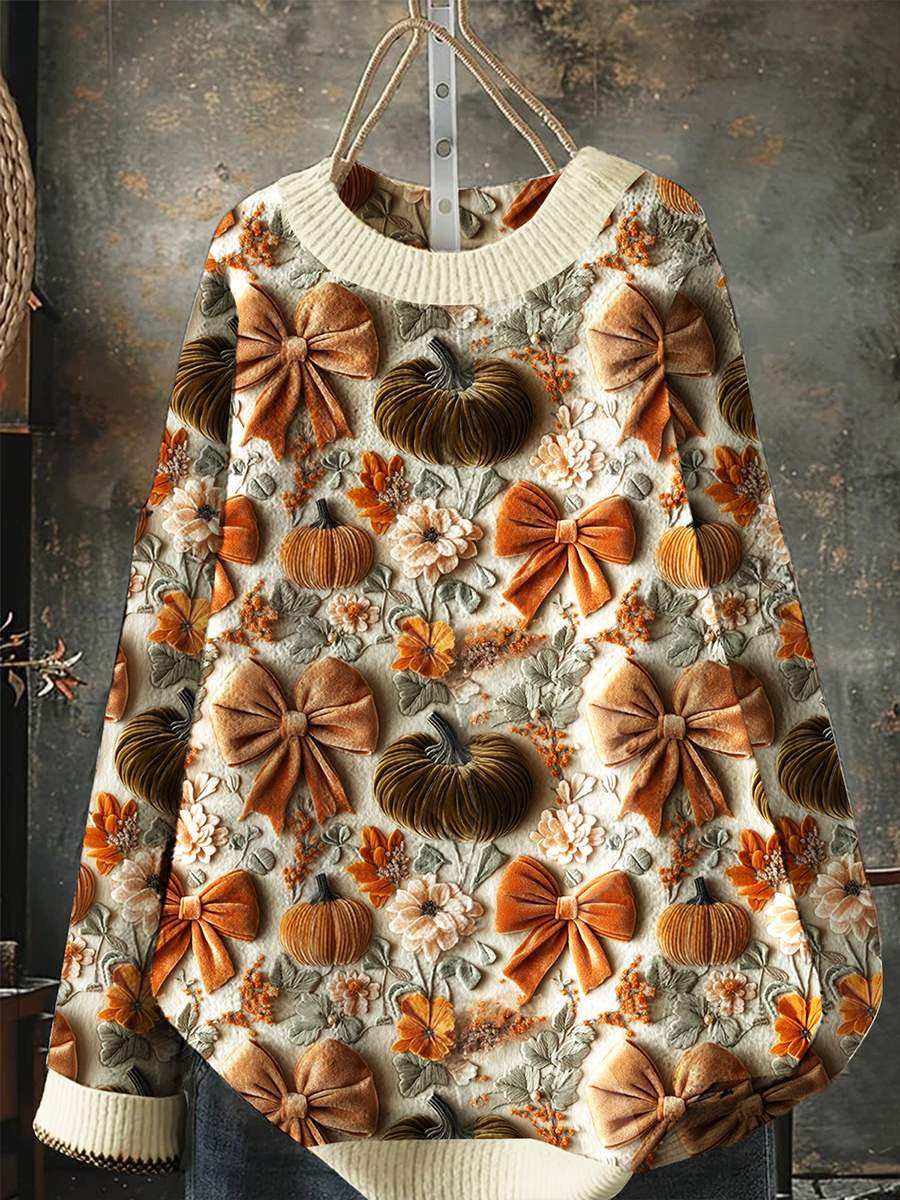 Women's Bow Pumpkin Print Sweater