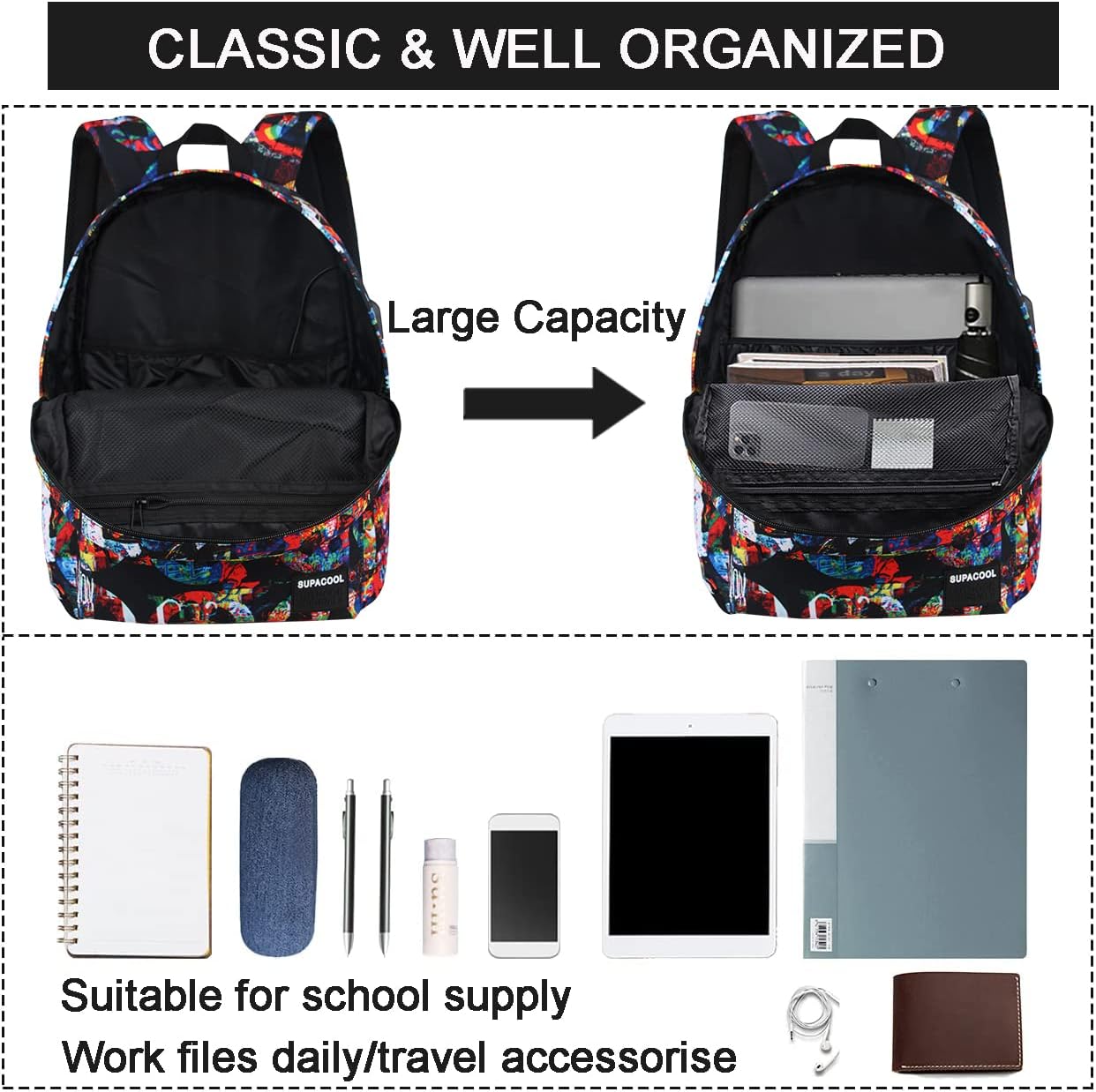 SUPACOOL Casual Laptop Backpack for Men and Women, School Backpack for Boys and Girls, College Bookbag, USB Charging Port, Lightweight Back Pack(Black)