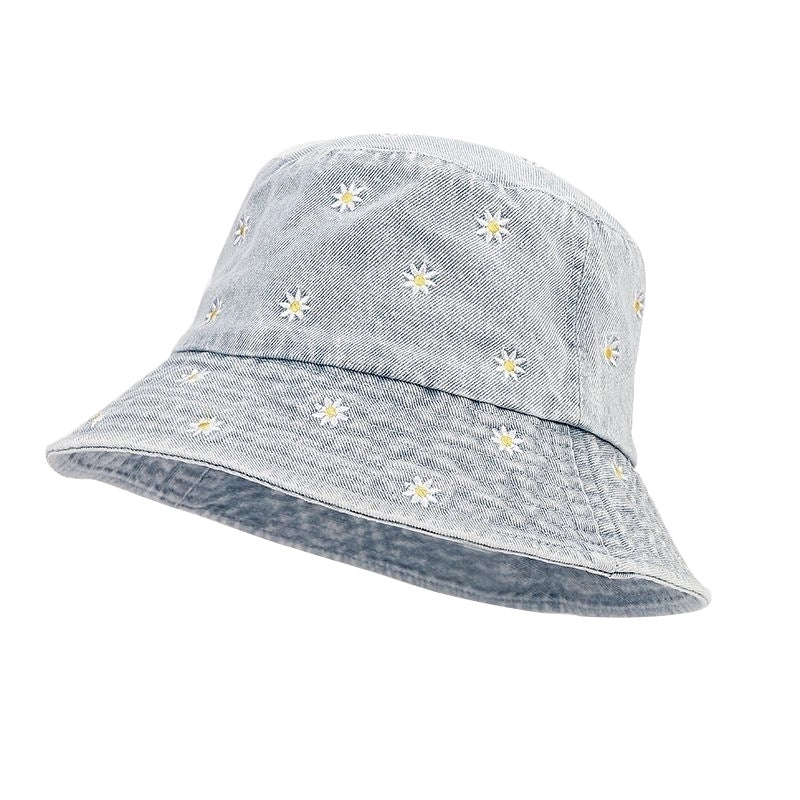 Women's Casual Minimalist Flower Embroidery Curved Eaves Bucket Hat