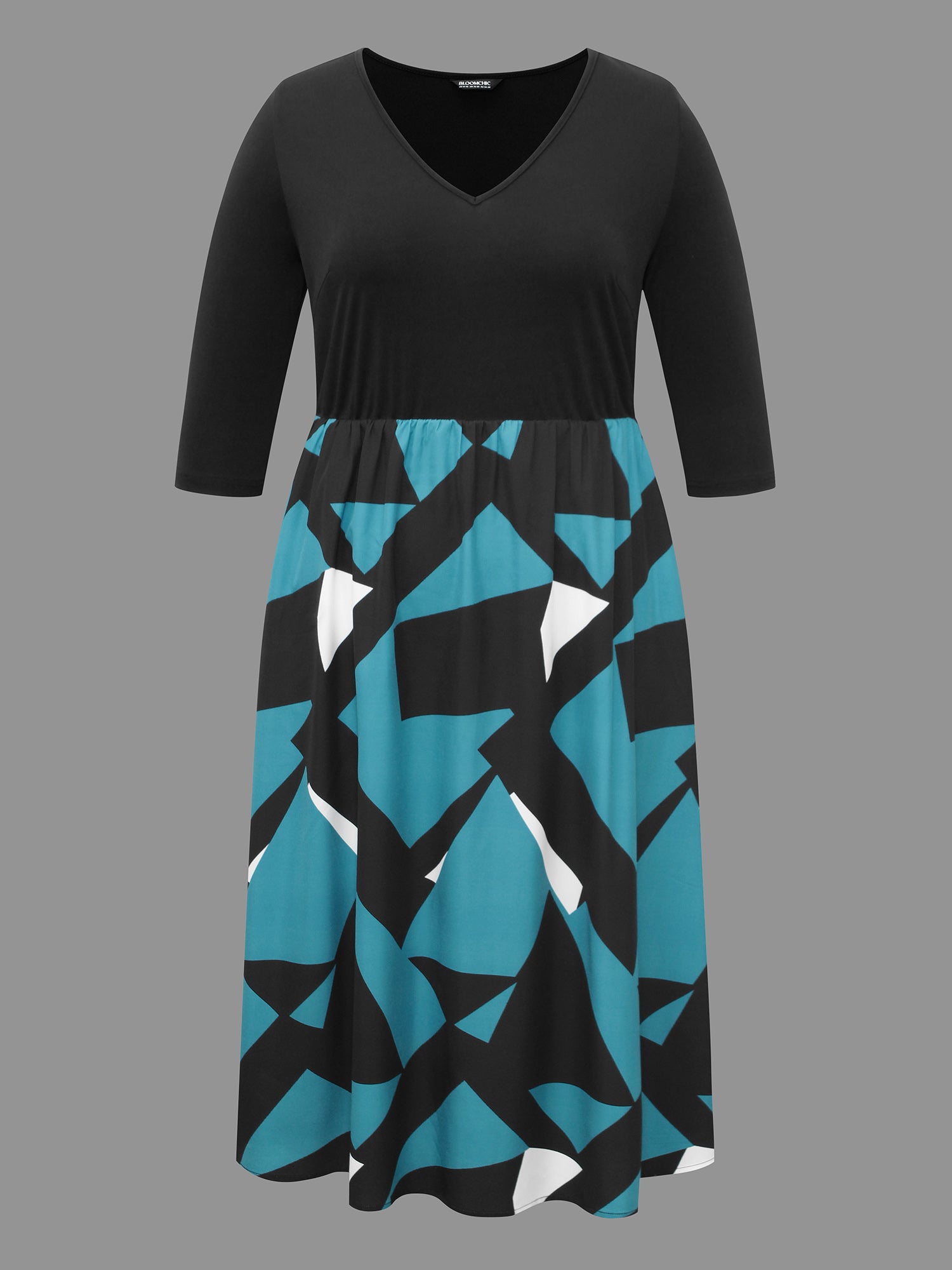 V-Neck Geometric Color Contrast Dress