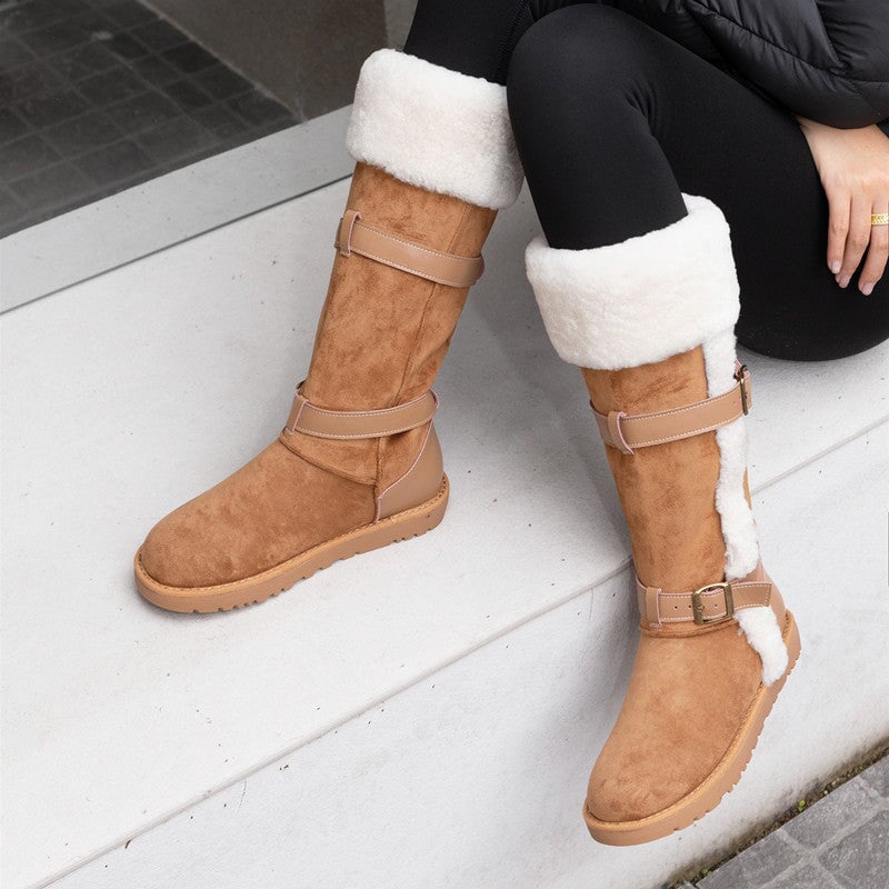 Foldable Suede Leather Knee High Snow Boots with Double Buckles in Brown/Black