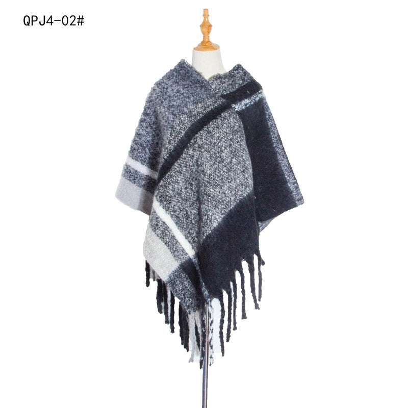 Hot Style New Autumn And Winter Women's Shawl Thick Tassel Loop Yarn Large Plaid Cloak