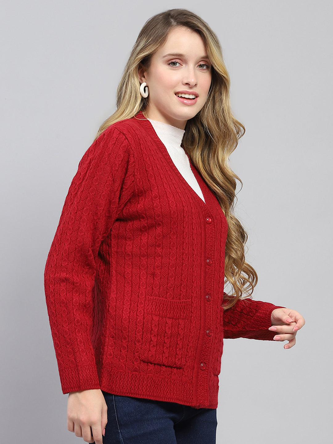 Women Red Self Design V Neck Full Sleeve Cardigan