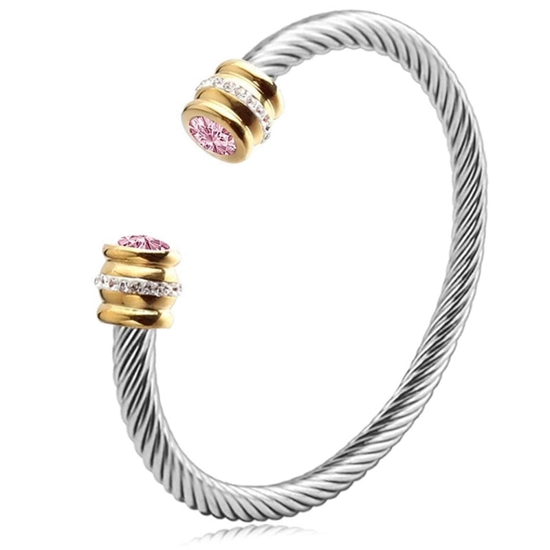 3 Pieces Minimalist Solid Color Stainless Steel Inlay Zircon Cuff Bracelets