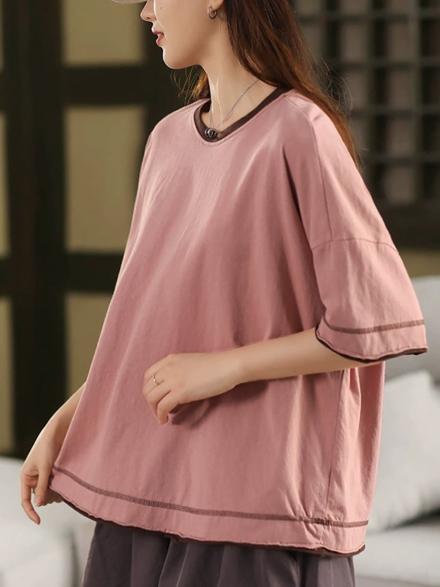 Women Summer Colorblock O-Neck 100%Cotton Shirt