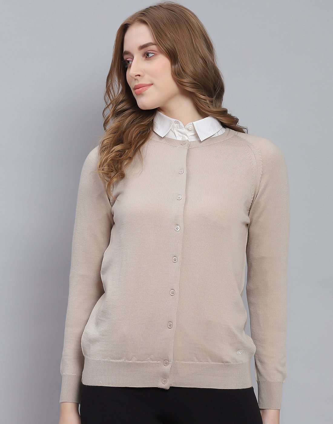 Women Beige Solid Round Neck Full Sleeve Cardigan