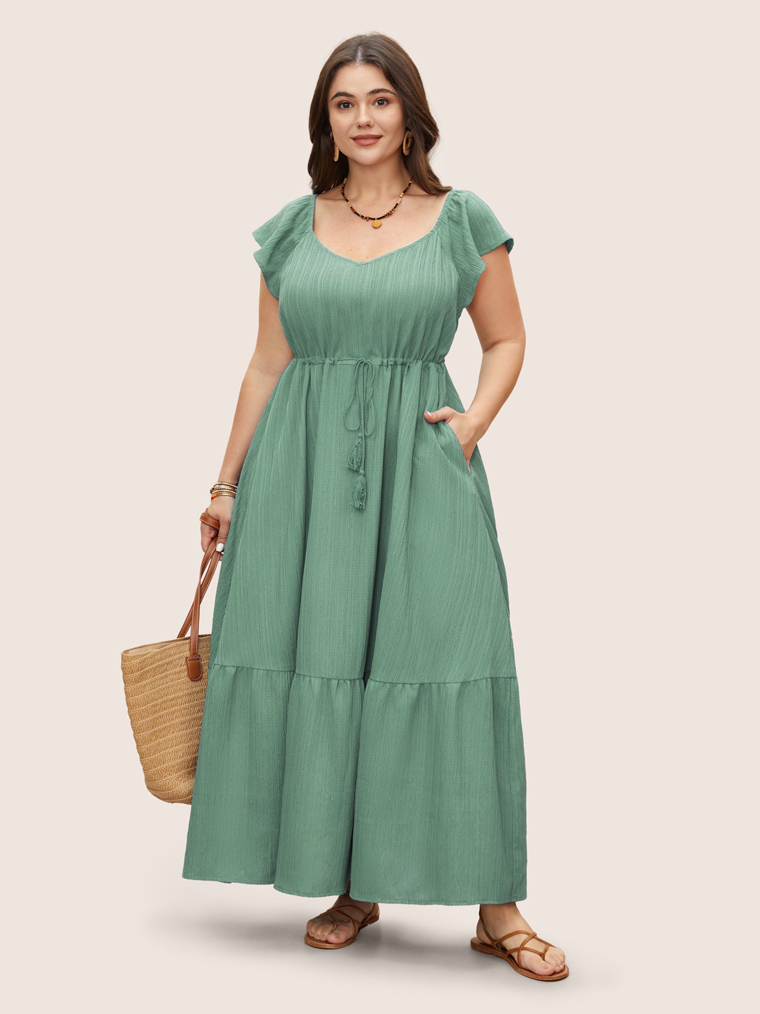 Texture Drawstring Tie Knot Tassels Dress