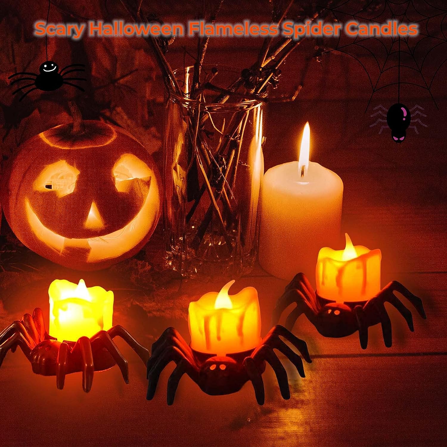 12 Pack Spider Flameless Candles. Halloween Spider Candle Lights