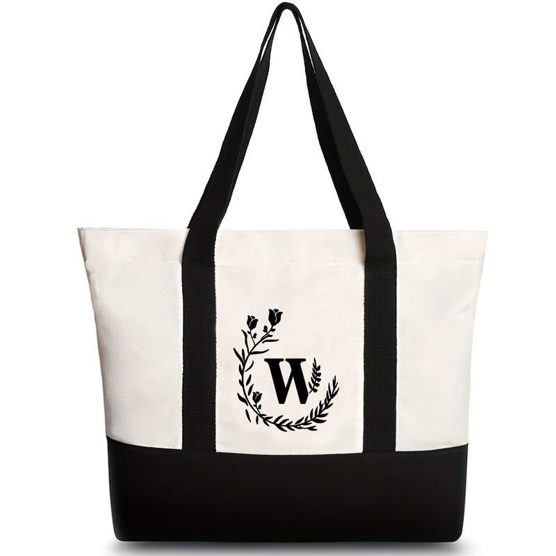 Women's Medium Canvas Letter Flower Classic Style Square Zipper Shoulder Bag