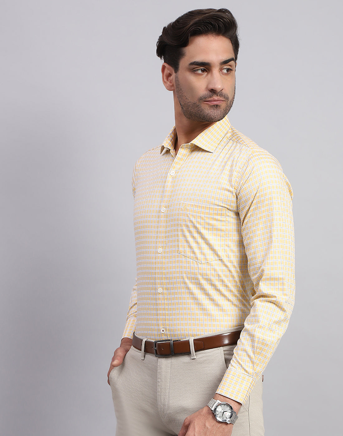 Men Yellow Check Collar Full Sleeve Shirt