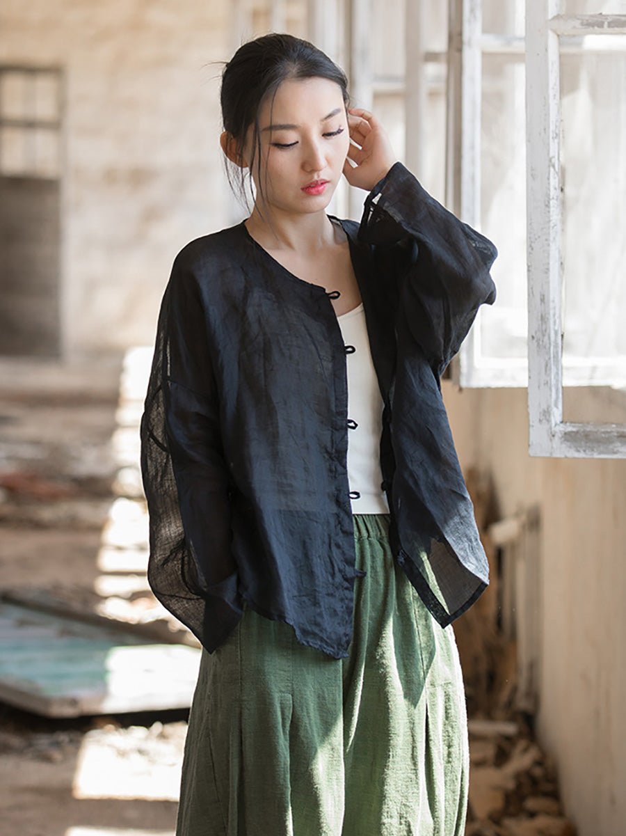 Women Summer Artsy Solid Ramie Button-Up Shirt