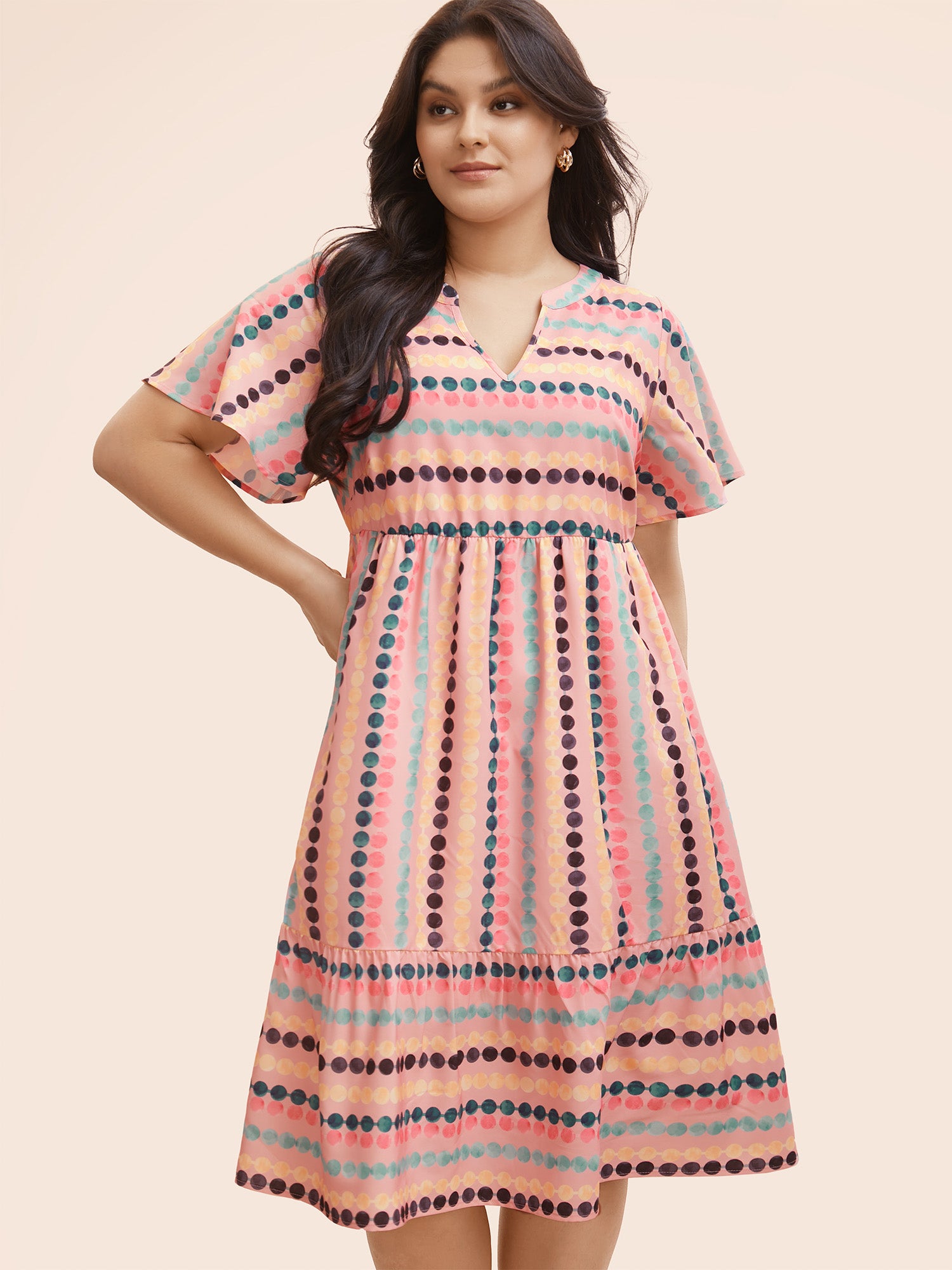 Dot Print Elastic Waist Split Neck Midi Dress