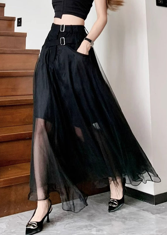 Fashion Black Sashes Pockets Tulle A Line Skirts Summer
