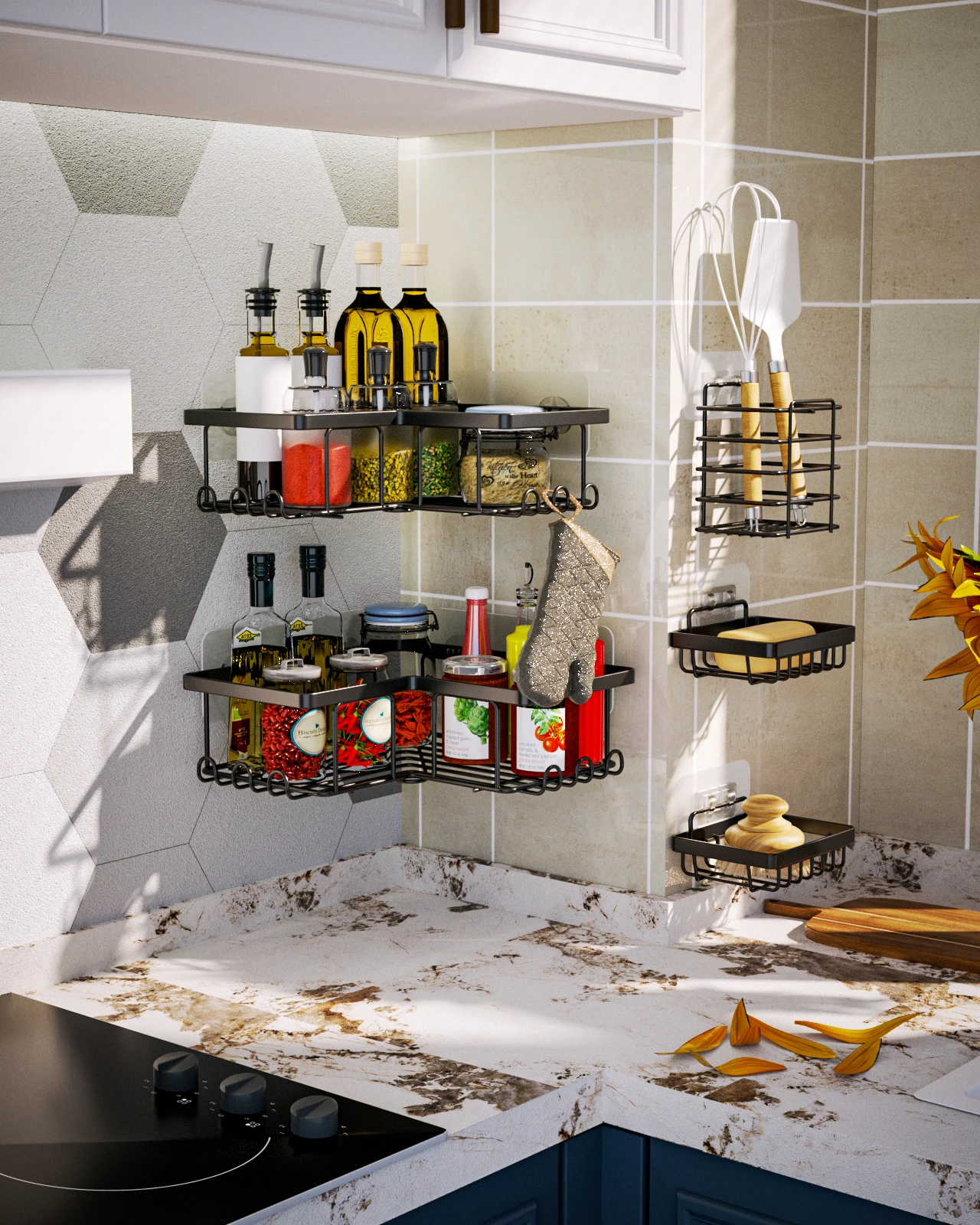 5 Sets Modern Wall Mounted Bathroom Accessories Polish Stainless Steel Bathroom Basket Shelf Corner Shelf Shower Shelves Caddy