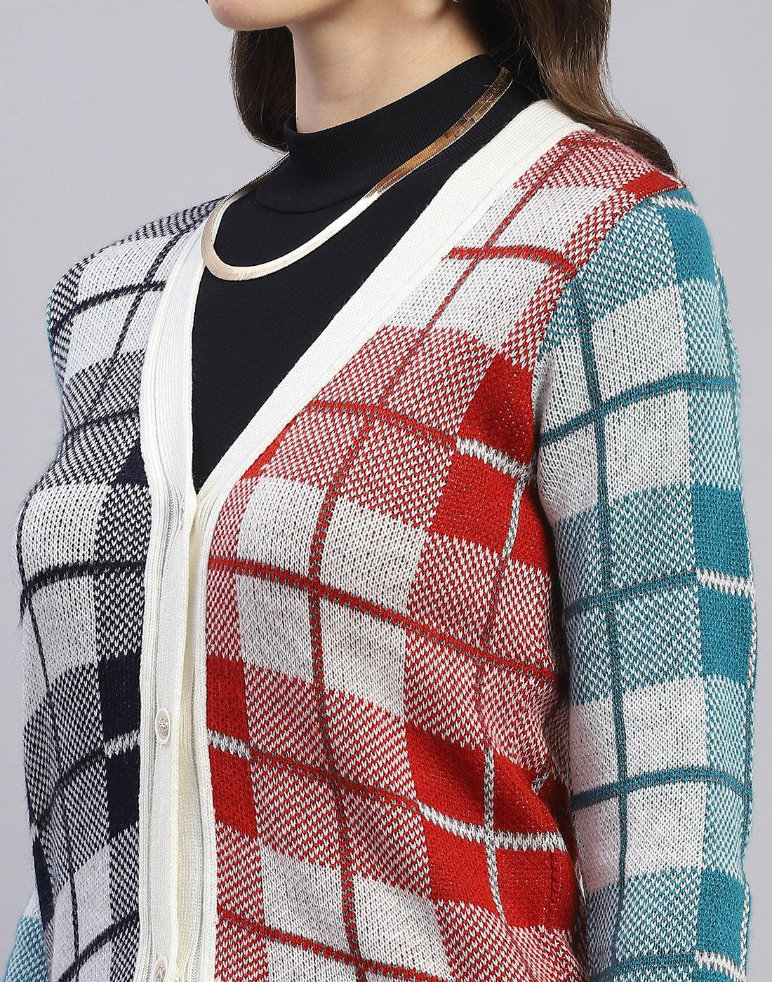 Women Off White Check V Neck Full Sleeve Cardigan