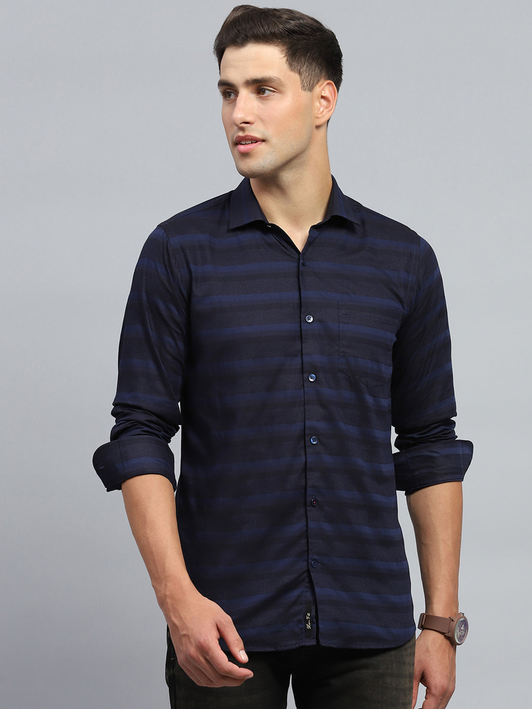 Men Navy Blue Stripe Collar Full Sleeve Shirt