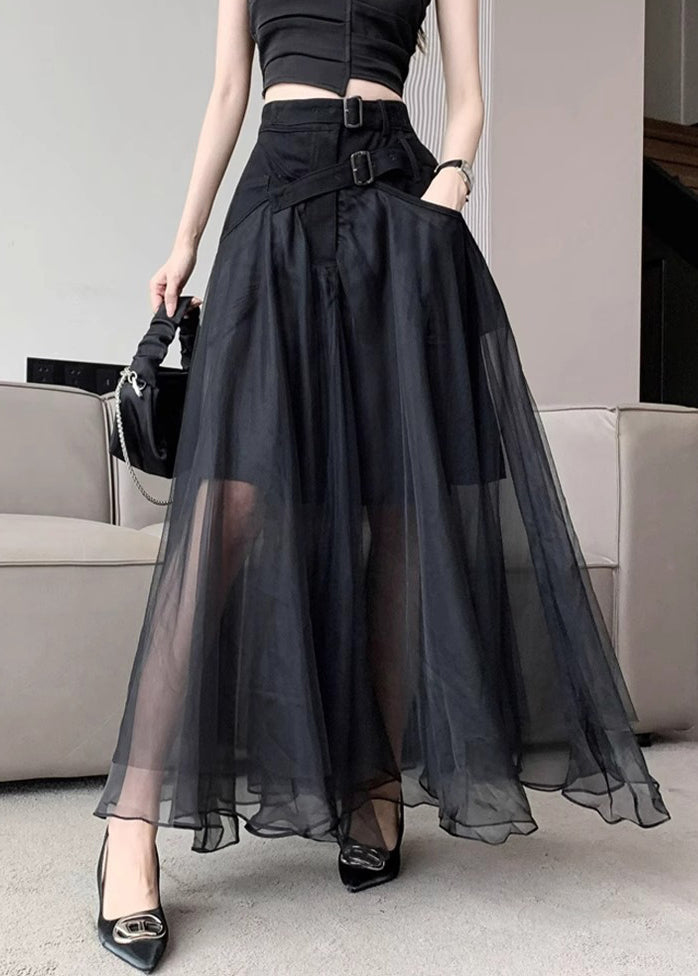 Fashion Black Sashes Pockets Tulle A Line Skirts Summer