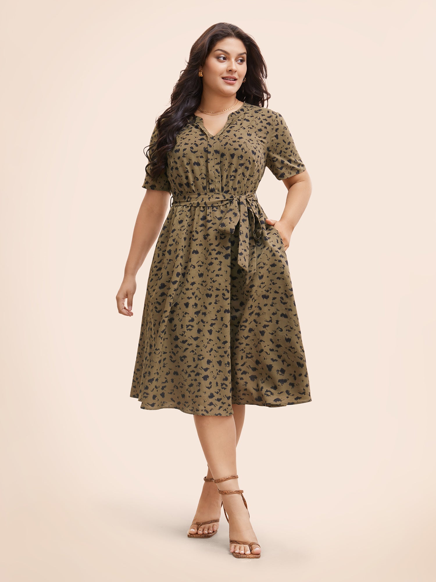 Leopard Print Notched Pocket Belted Dress