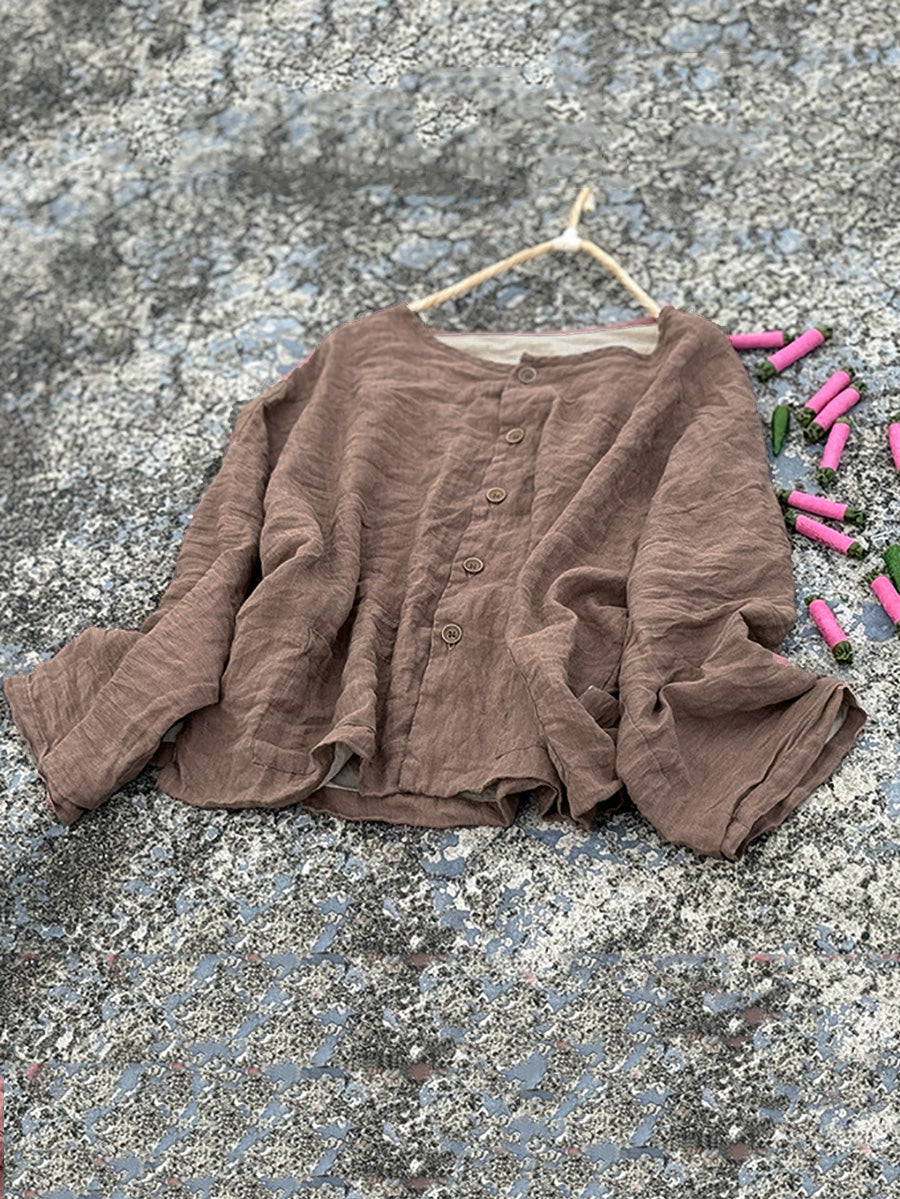 Women Vintage Autumn Pure Color O-Neck Shirt Coat