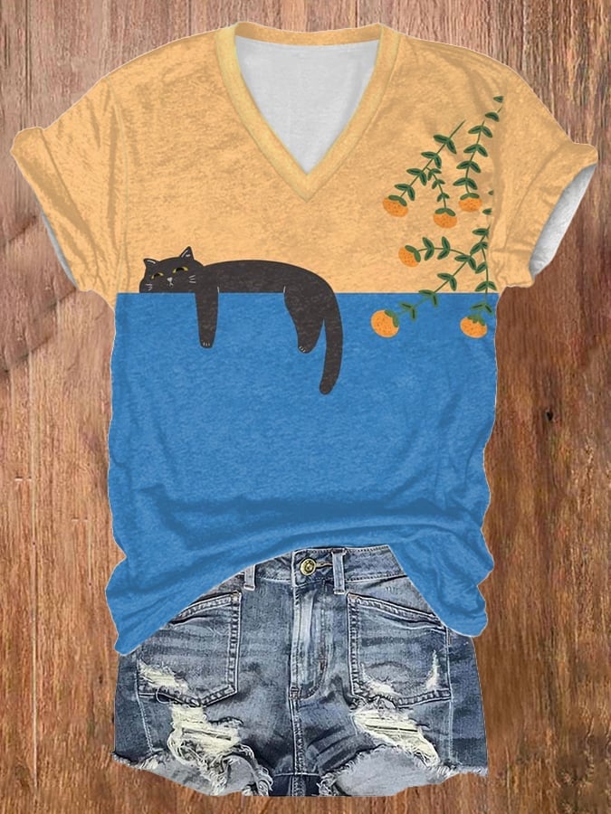 Women'S Abstract Creative Lazy Black Cat Painting Art Print T-shirt