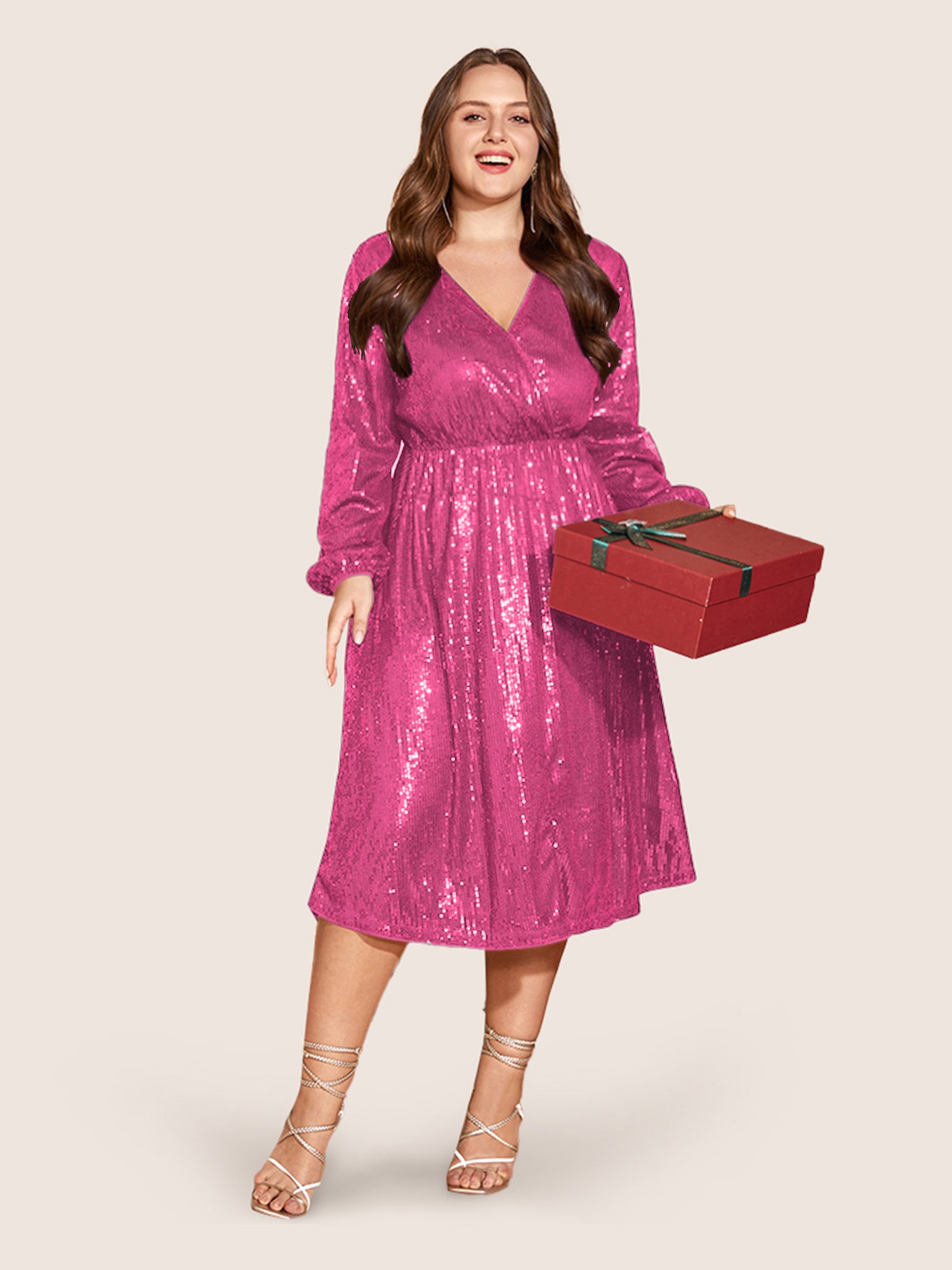 Solid Pocket Lantern Sleeve Wrap Sequin Dress