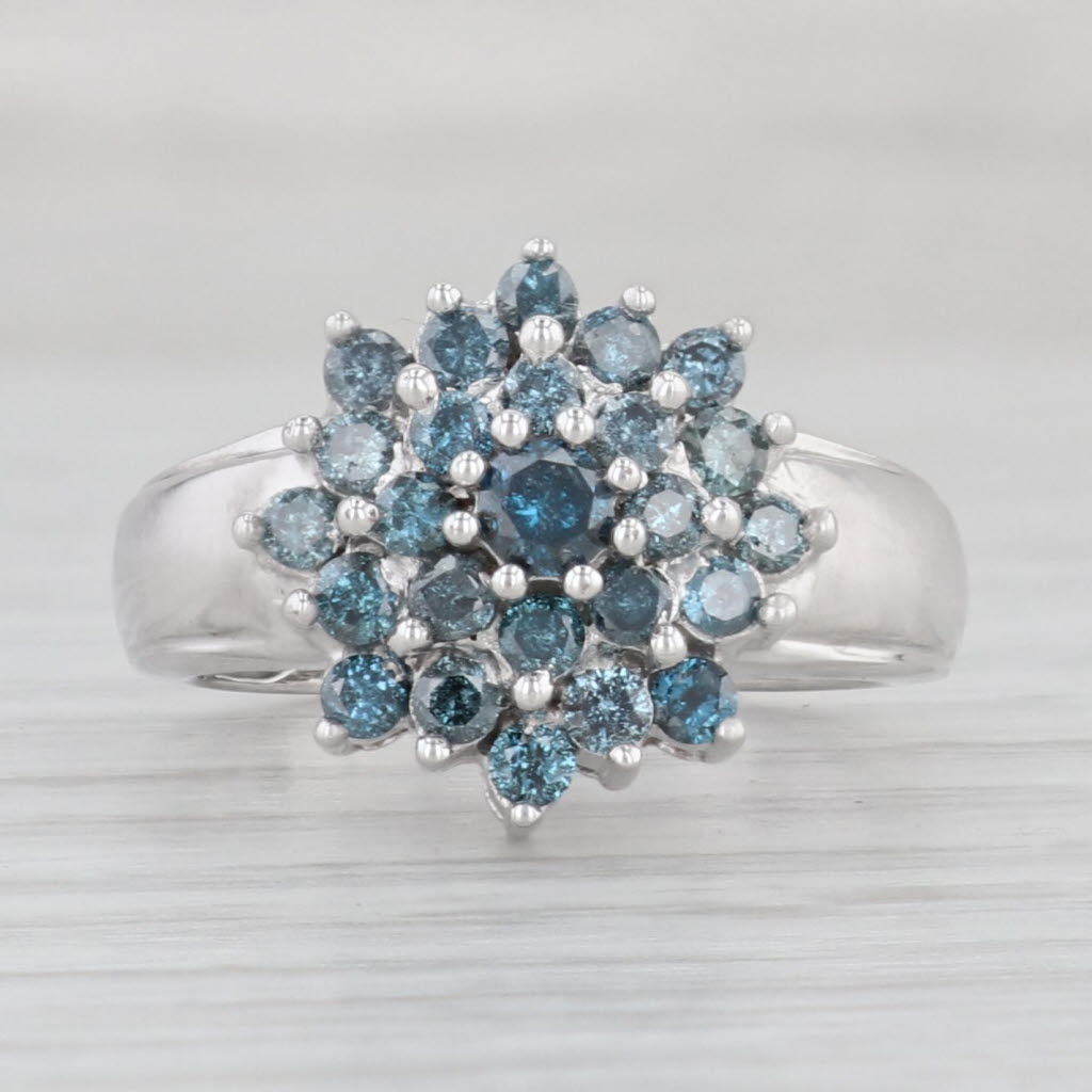 0.80ctw Blue Diamond Flower Cluster Ring 10k White Gold Size 6.5