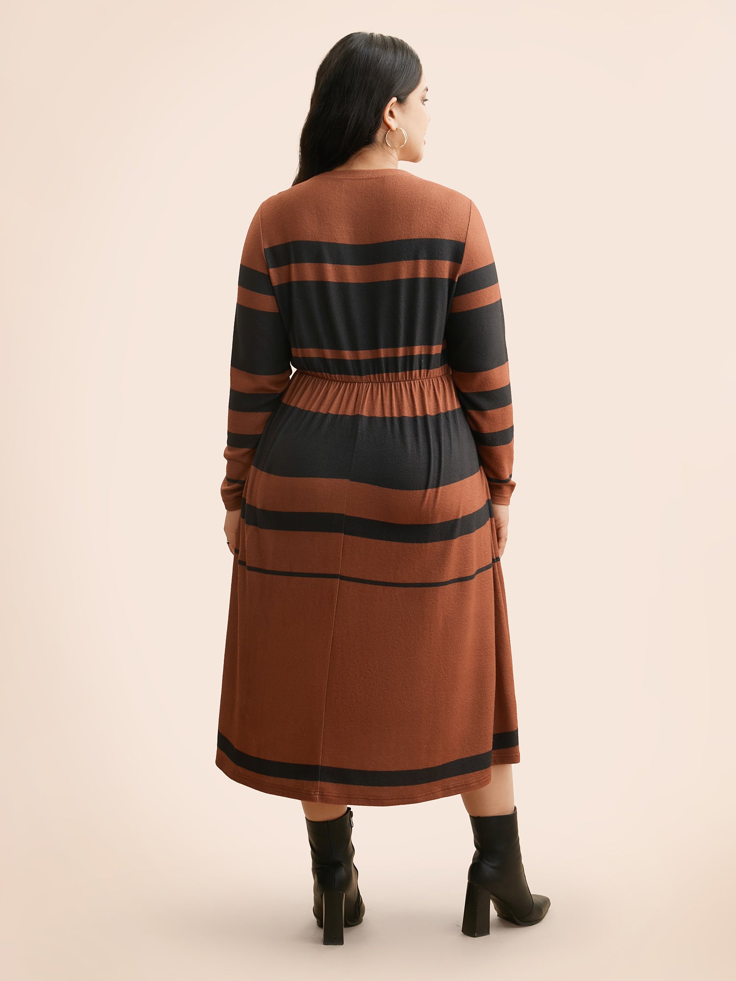 Crew Neck Striped Patchwork Elastic Waist Dress