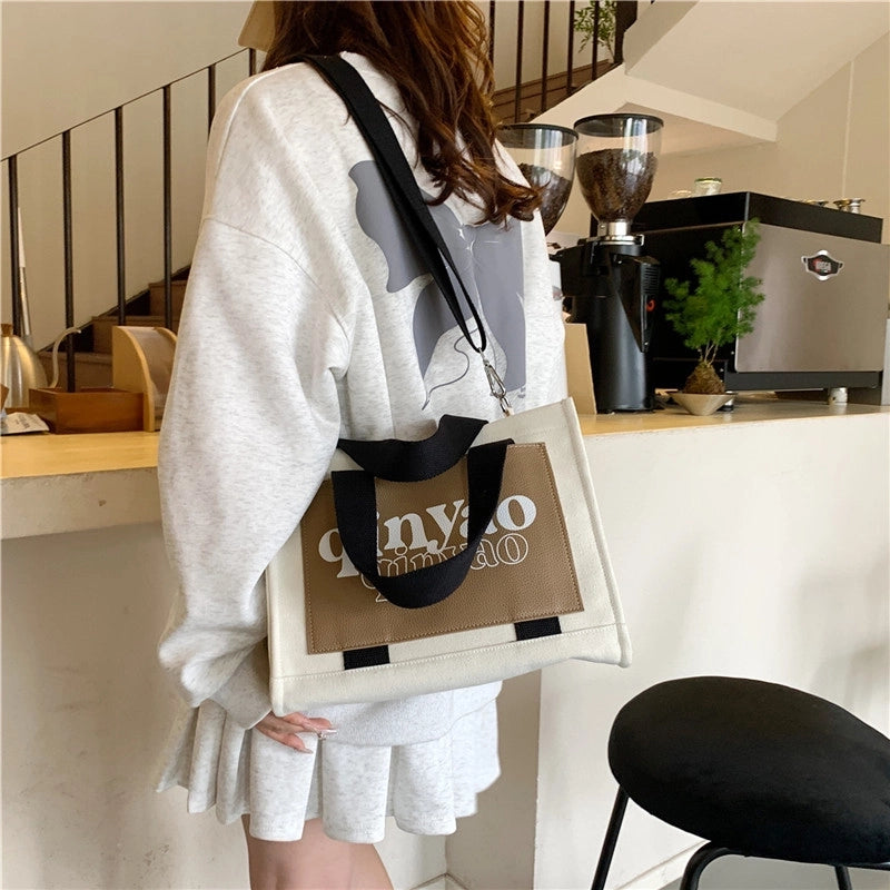 Women's All Seasons Canvas Letter Solid Color Preppy Style Classic Style Sewing Thread Square Hidden Buckle Shoulder Bag Canvas Bag Handbag