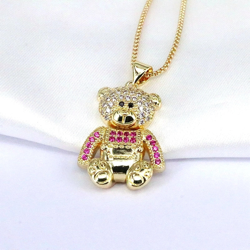Hip-hop Retro Little Bear Copper Plating Inlay Zircon Gold Plated Pendant Necklace