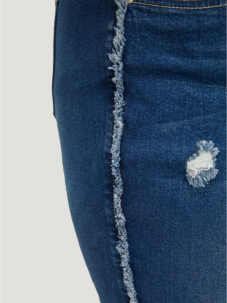 Very Stretchy High Rise Medium Wash Raw Trim Jeans