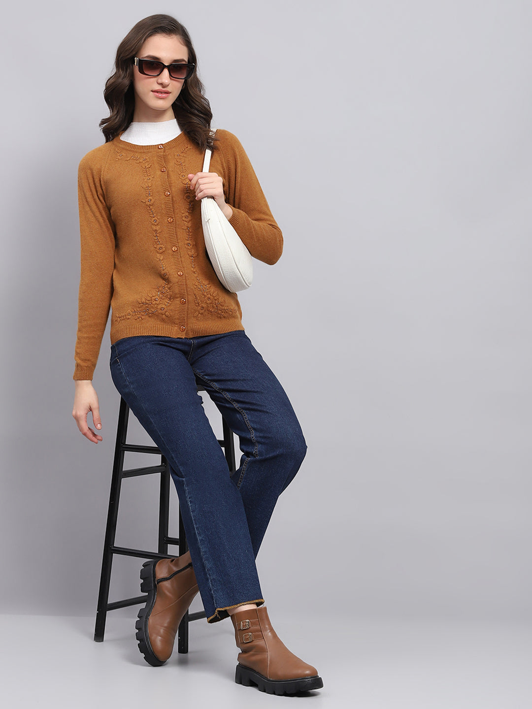 Women Rust Embroidered Round Neck Full Sleeve Cardigan