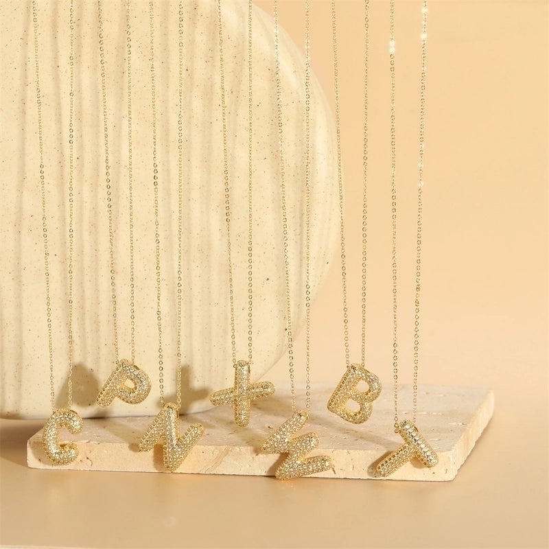 Copper 14K Gold Plated Minimalist Inlay Letter Zircon Pendant Necklace
