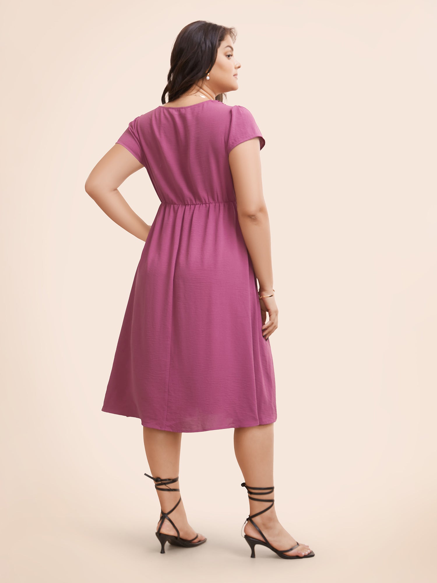 Solid Ruffle Trim V Neck Pocket Pleated Front Dress