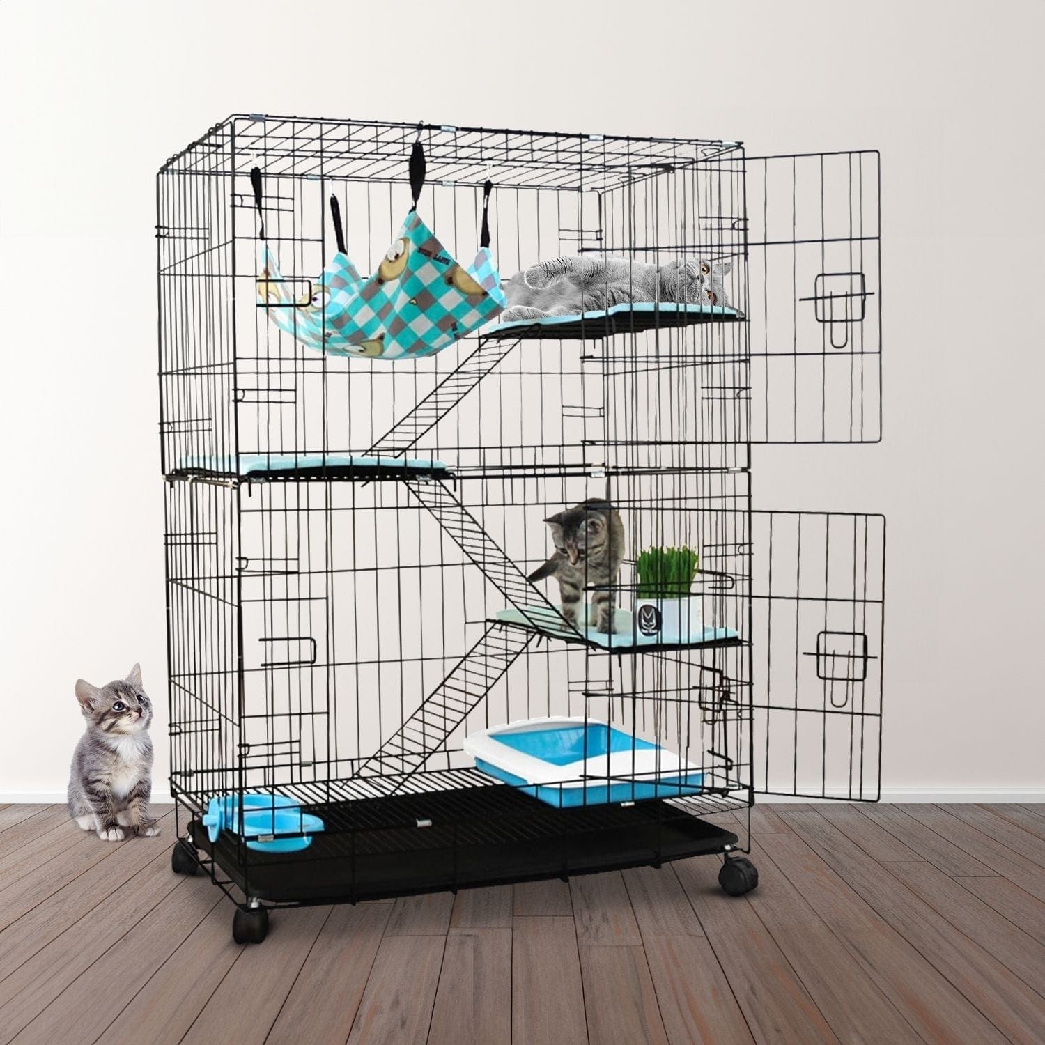 FLOOFI Three-Level Pet Rabbit Bird Cage with Hammock (Black)