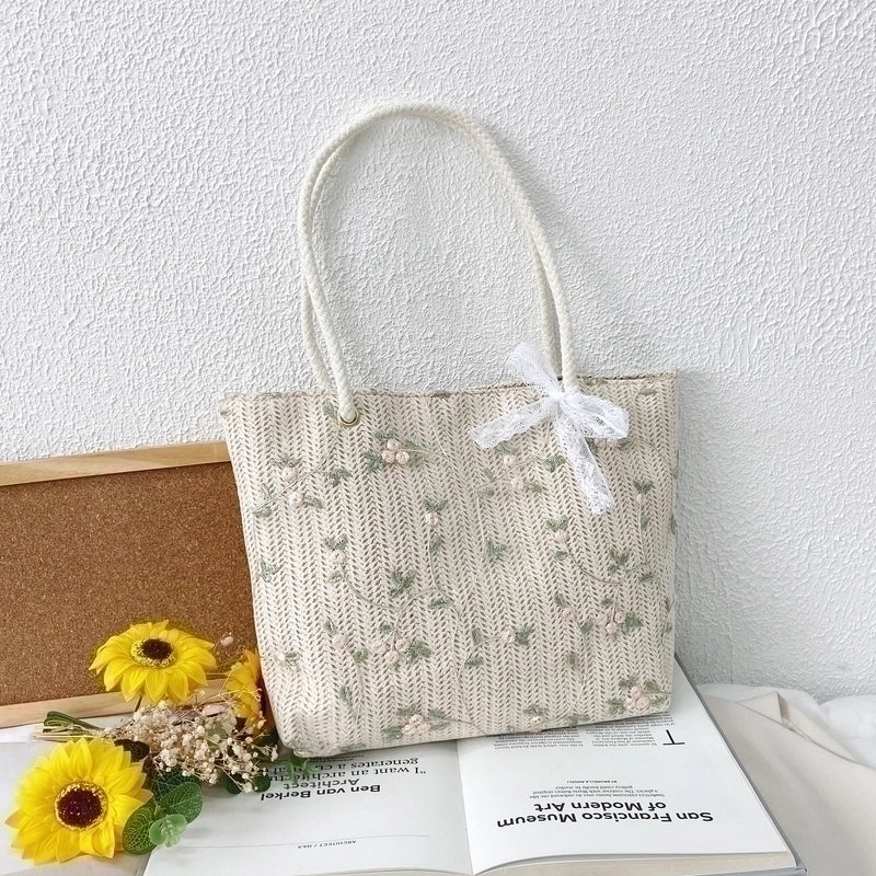 Women's Medium Straw Flower Bow Knot Cute Square Magnetic Buckle Underarm Bag
