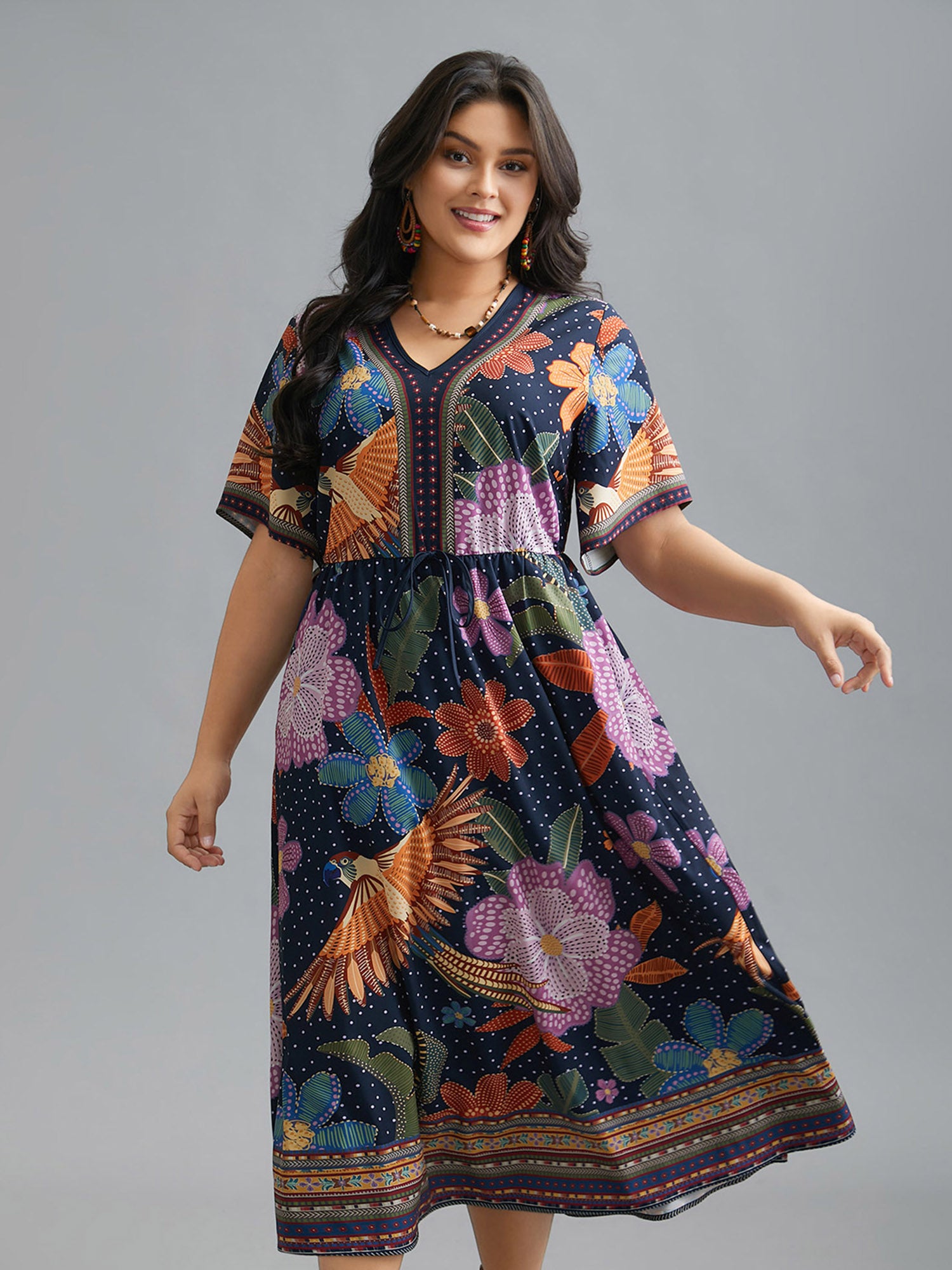 V Neck Multi-Color Floral Midi Dress