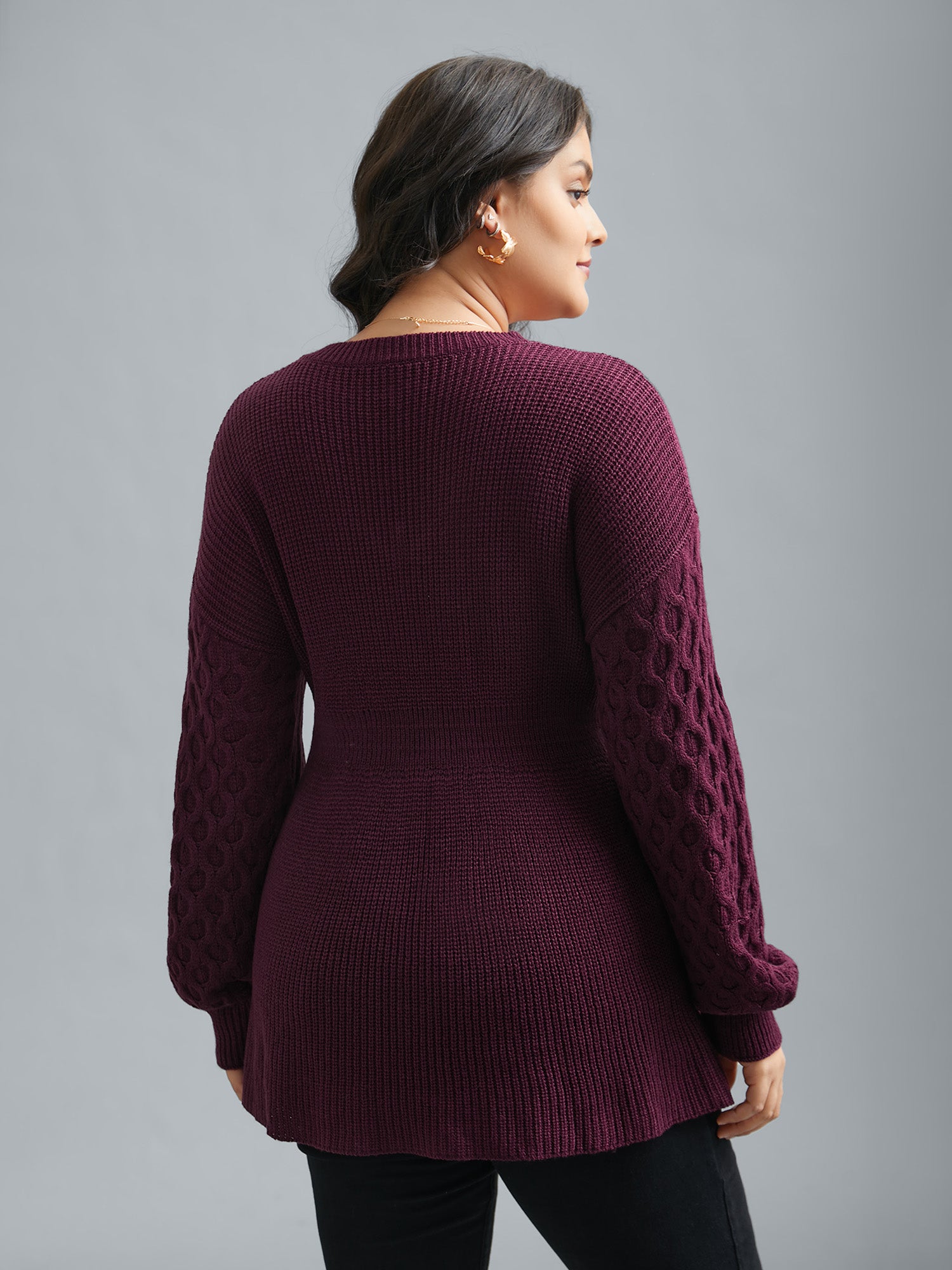 Plain Ribbed Knit Waist Cinched Pullover