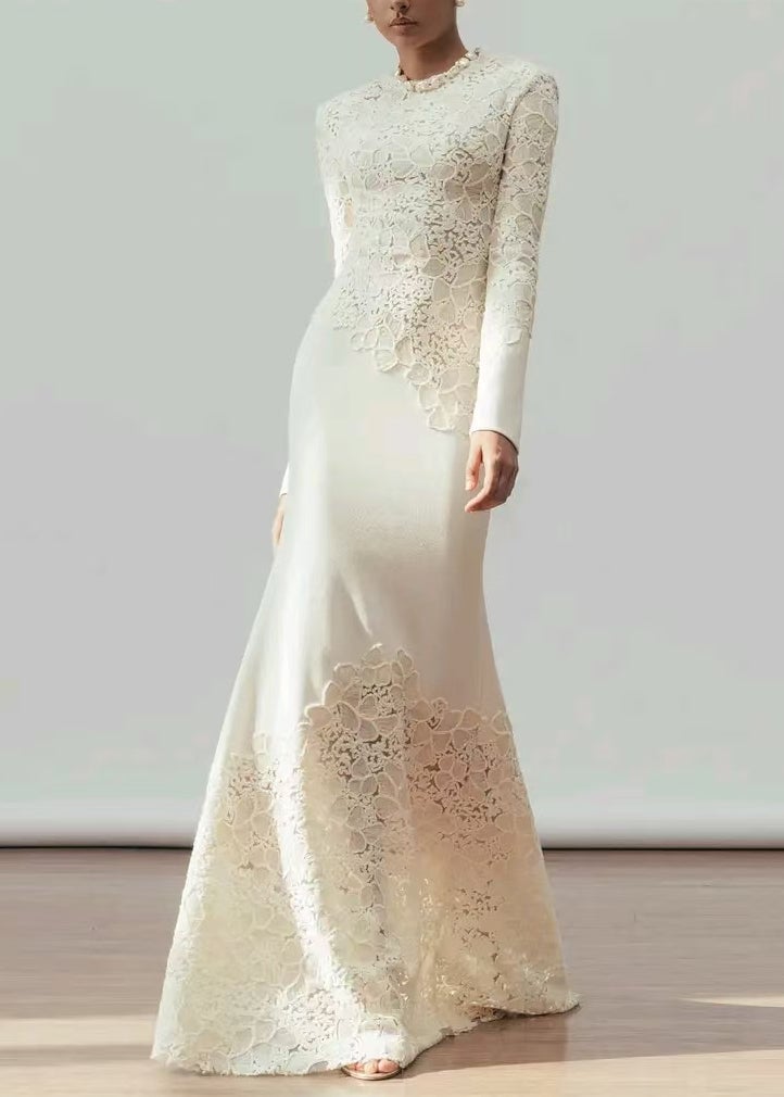 Handmade White Sequins Patchwork Cotton Party Dress Fall