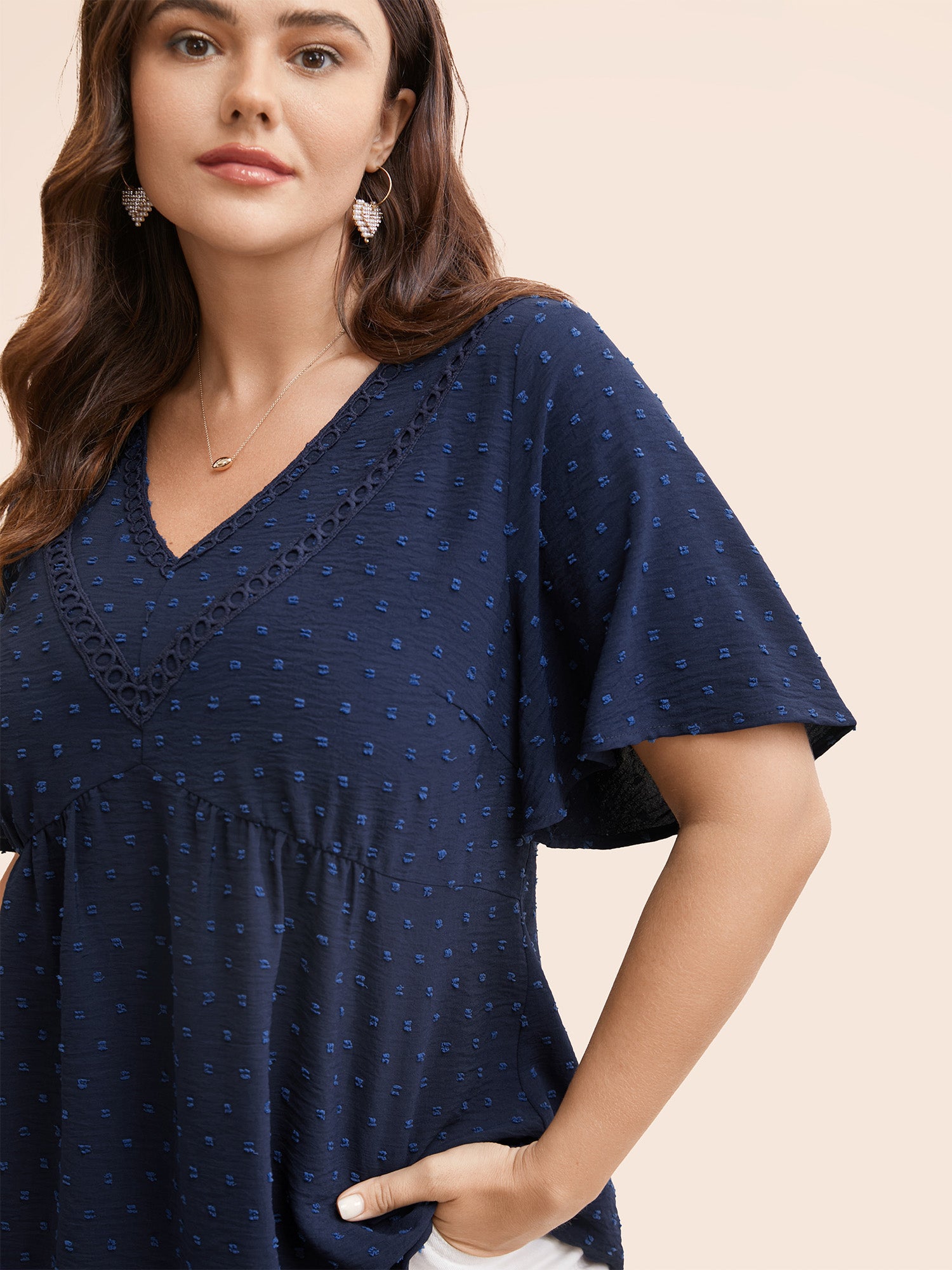 Polka Dot Frill Trim V Neck Flutter Blouse