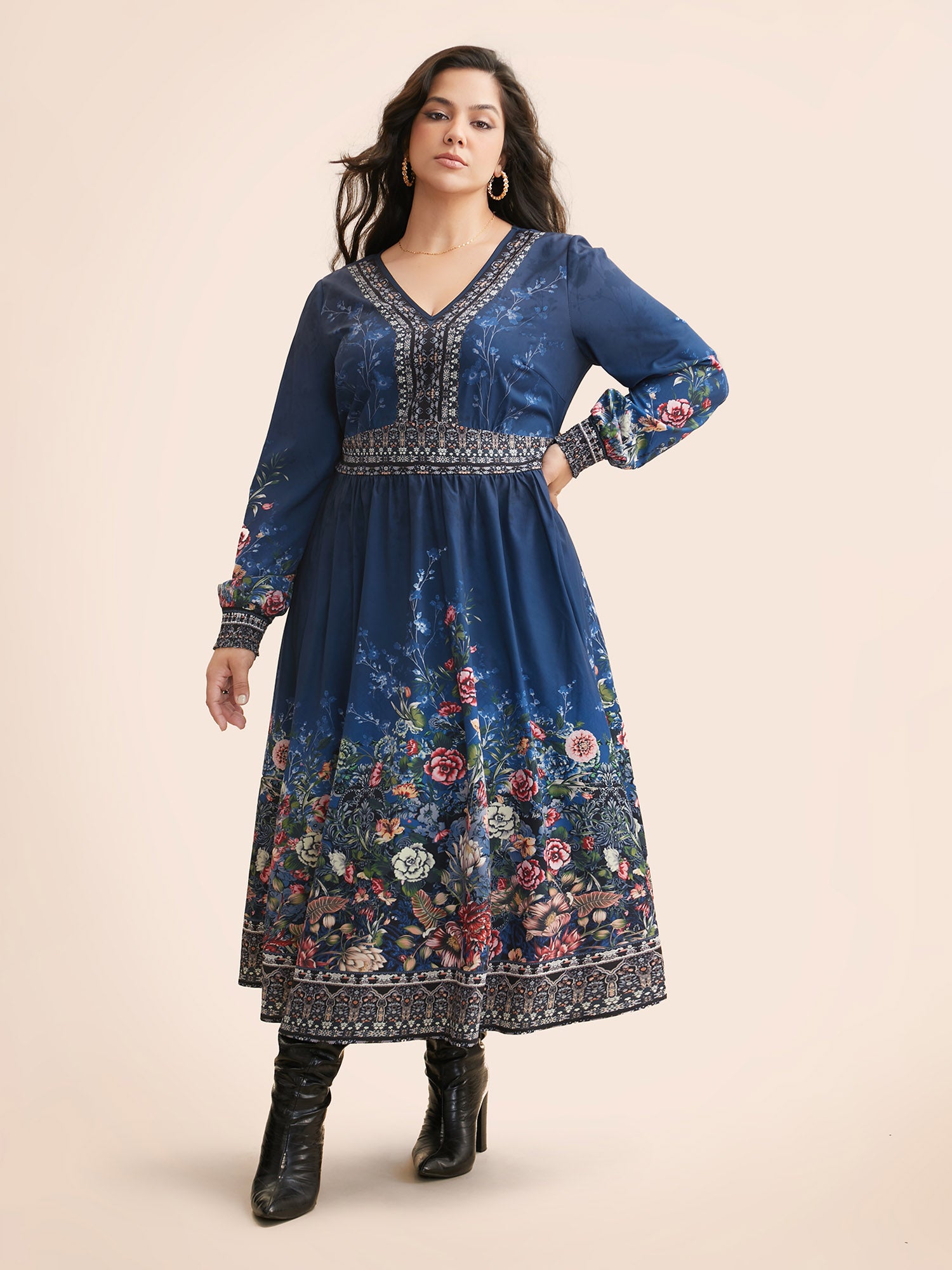 V Neck Boho Print Shirred Dress