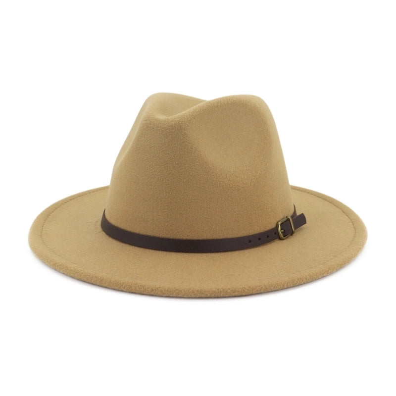 New Women's Woolen Brown Belt Buckle Top Hat Men And Women Couple Hat Flat Brim Big Brim Jazz Hat