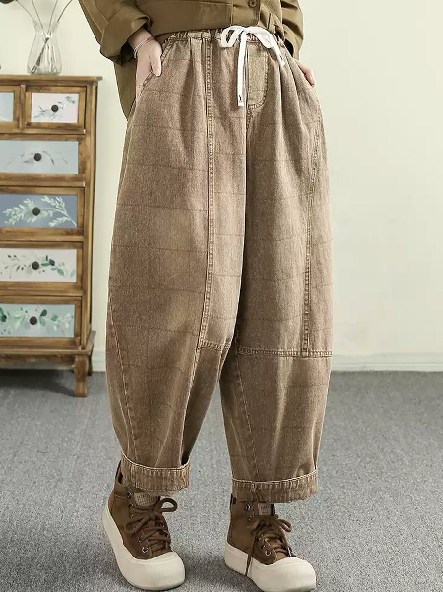 Women Spring Retro Plaid 100%Cotton Harem Pants