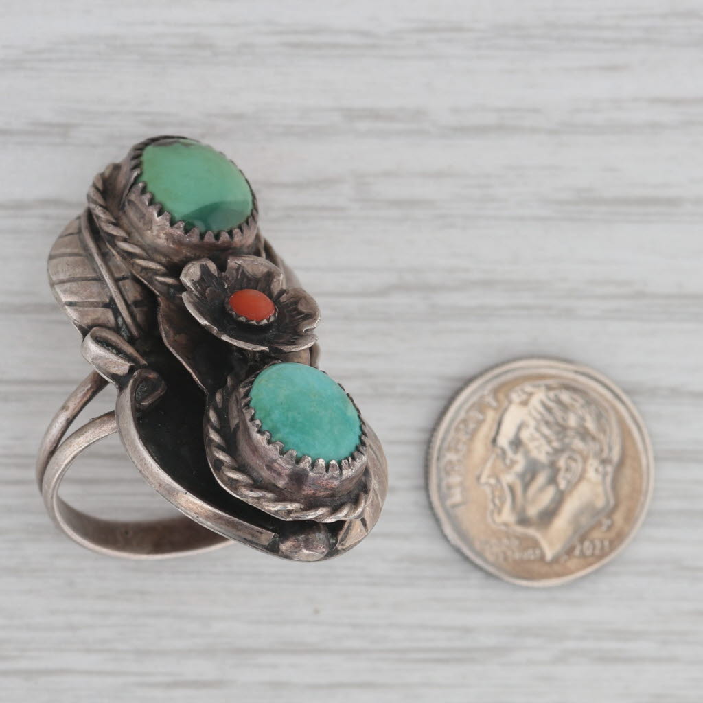 Vintage Native American Turquoise Coral Ring Sterling Silver Sz 8.5 Floral AS IS