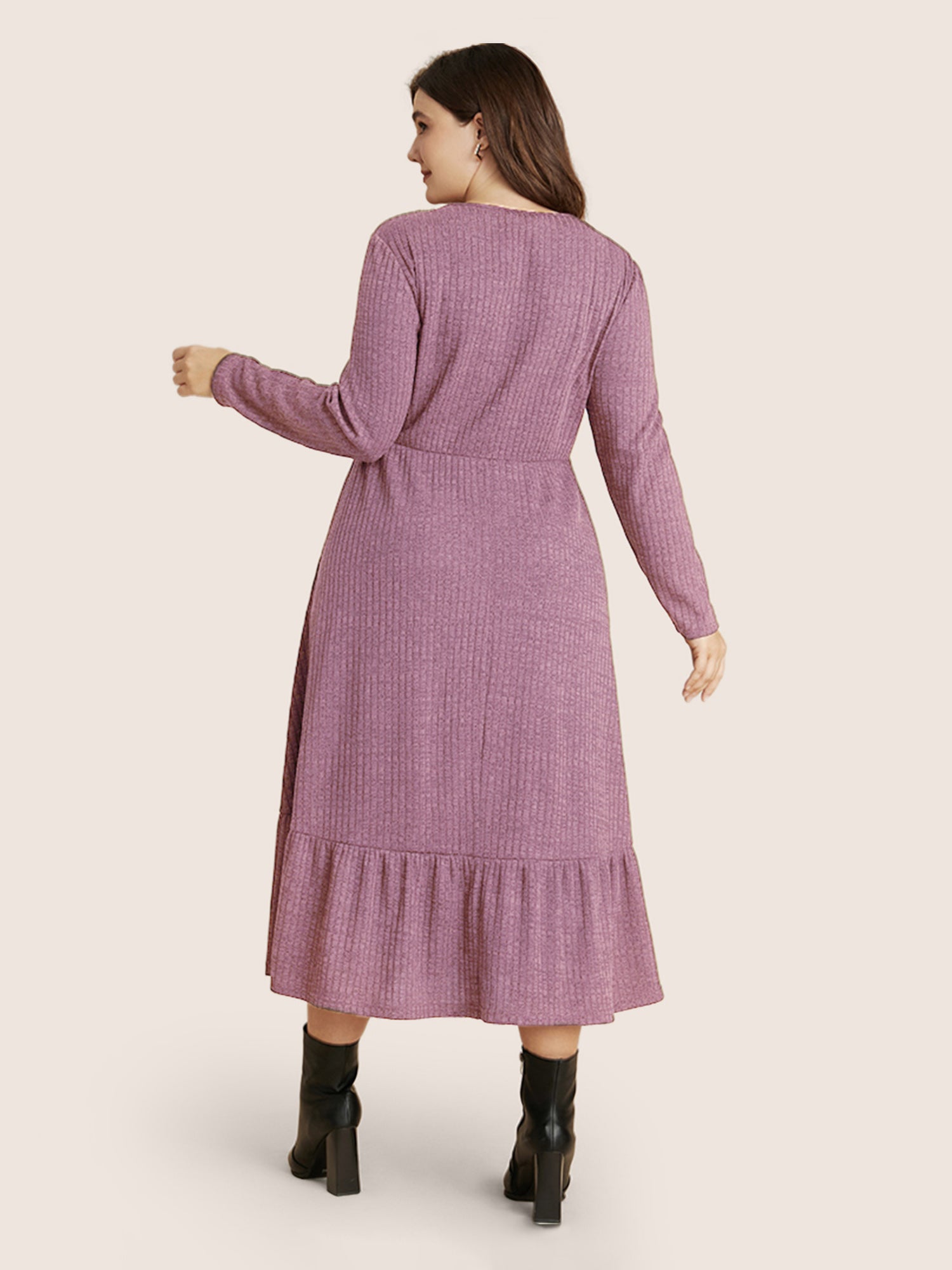 Solid Pocket Rib Knit Ruffle Hem Dress Without Belt