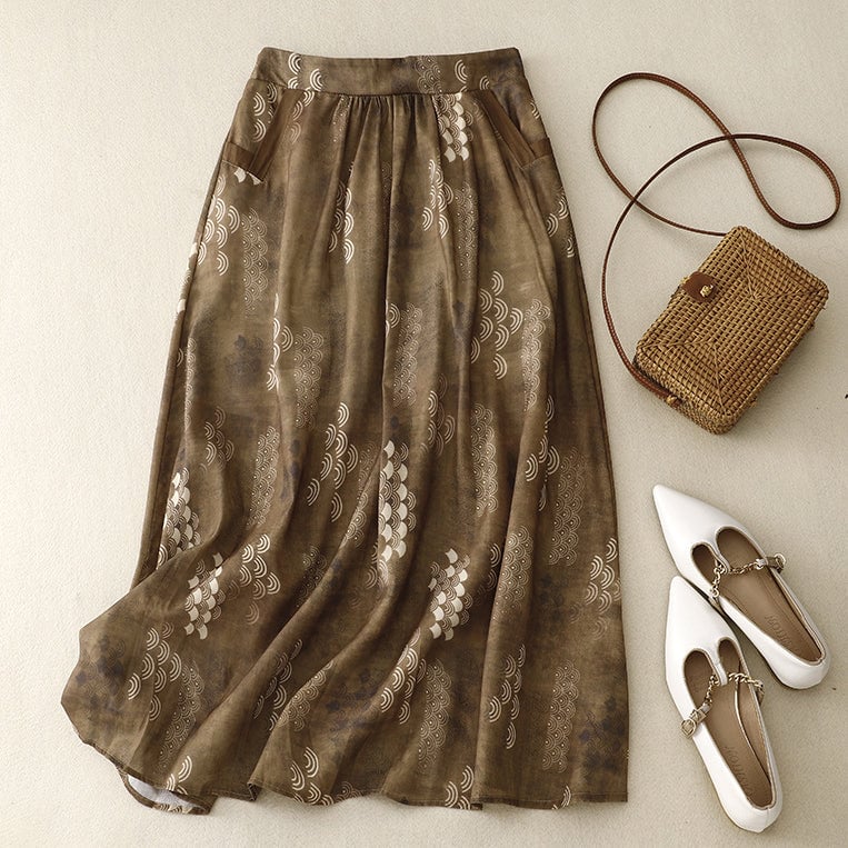 Navy Print Pockets Elastic Waist Cotton Skirt Summer