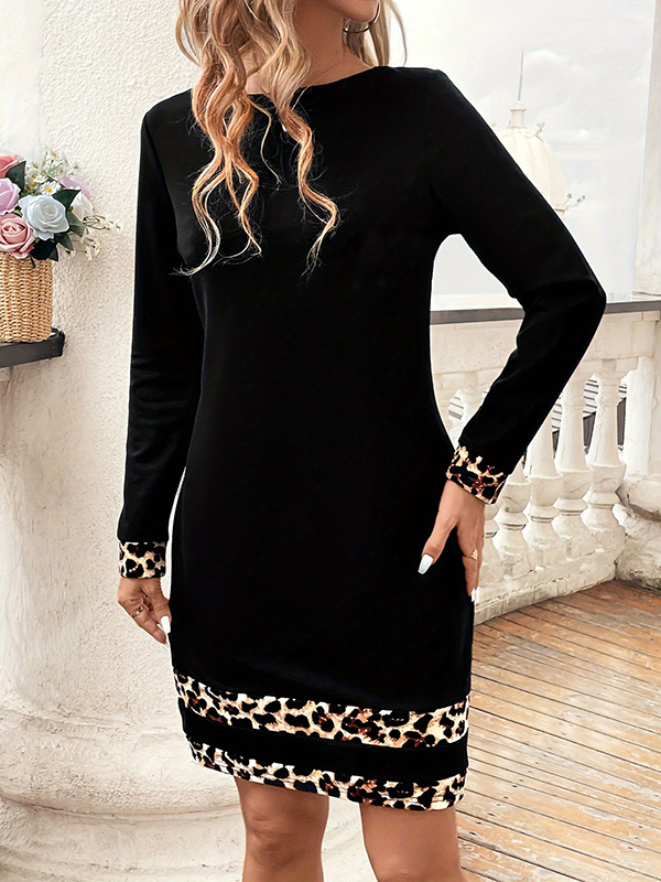 Bodycon Long Sleeves Contrast Color Leopard Round-Neck Mini Dresses
